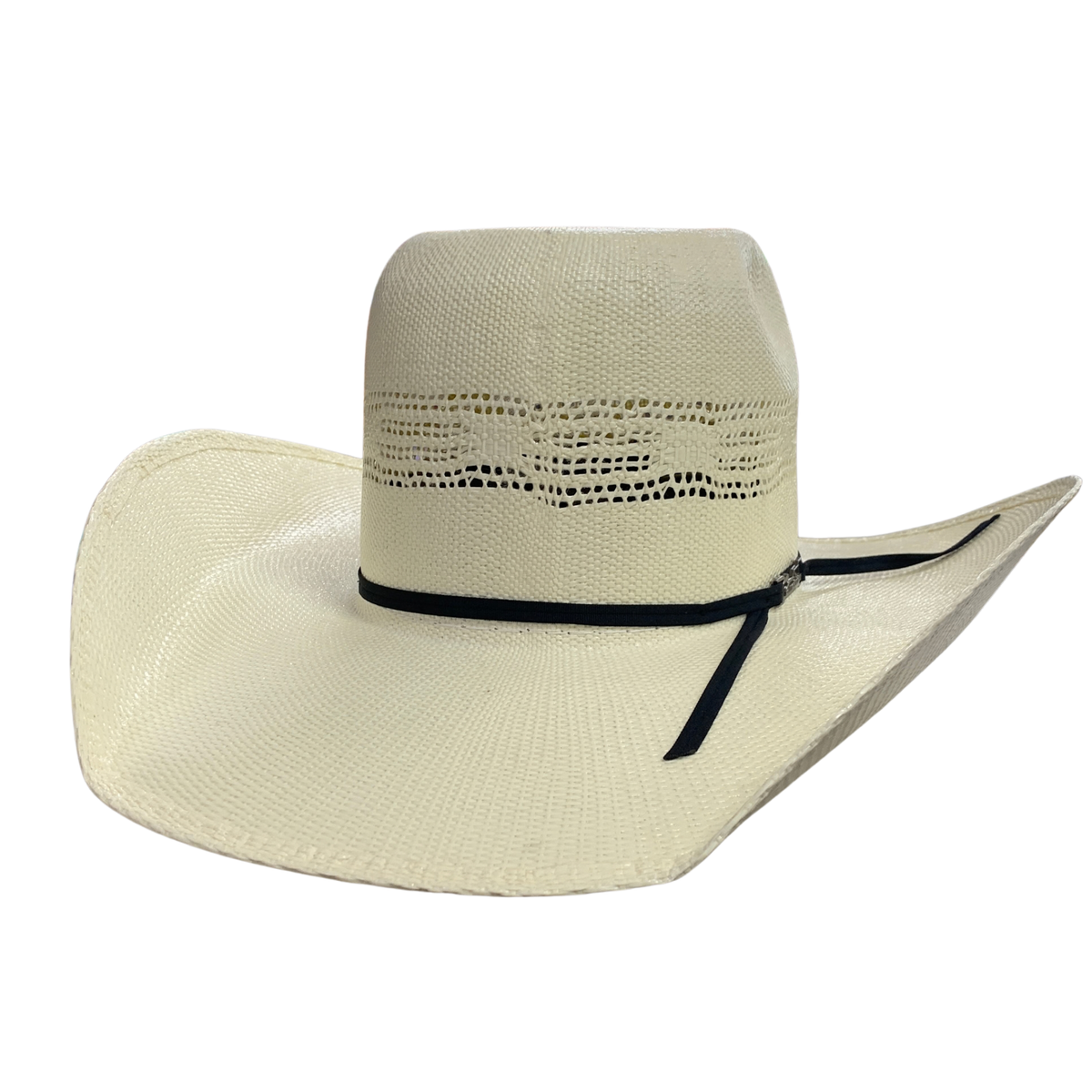 An off-white woven straw cowboy hat with a black ribbon band tied in a bow, shown against a plain white background.