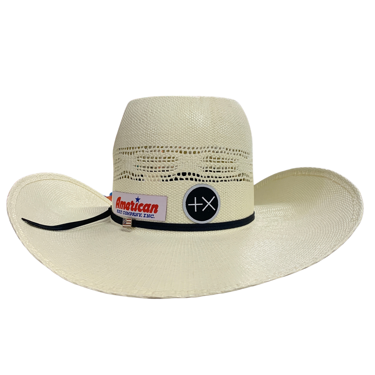 An off-white woven cowboy hat with a black band, featuring a 'American Rancheria Inc.' patch and a circular black logo patch on the front of the band.