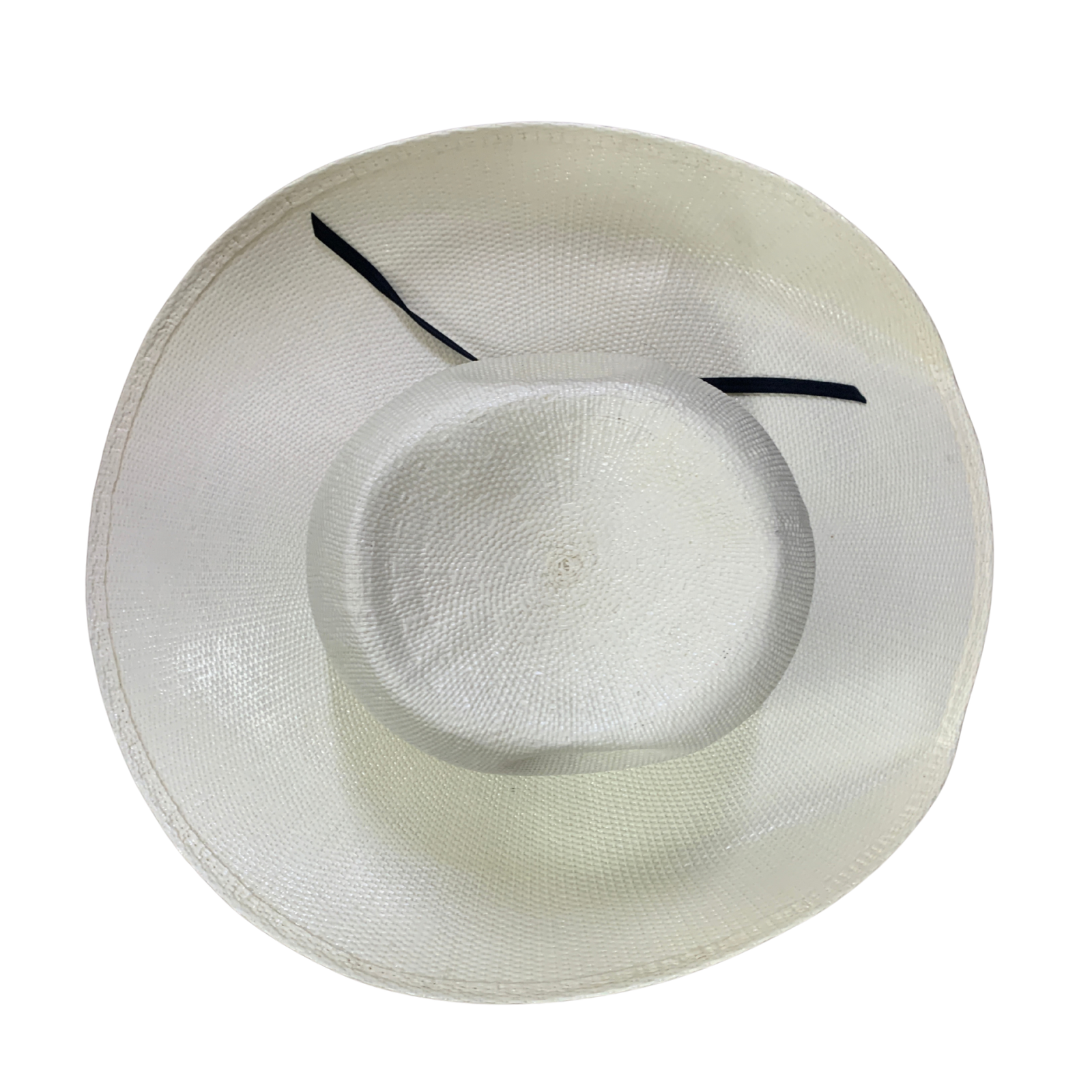 An off-white woven straw sun hat viewed from directly above, featuring a black elastic chin strap on a solid white background.
