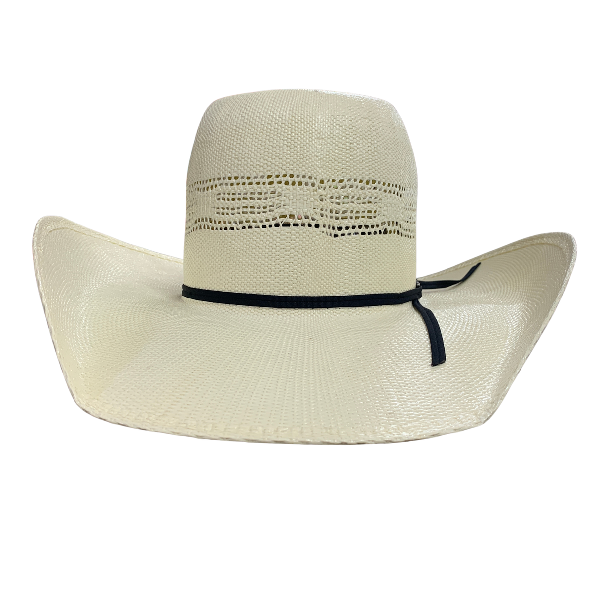 An off-white woven straw cowboy hat with a black ribbon band tied under the brim, shown against a plain white background.