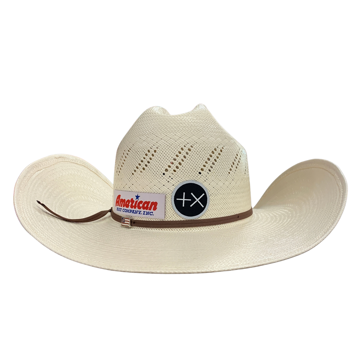 An off-white woven cowboy hat with a brown band and a white brand patch that reads 'American West Company, Inc.' on a plain white background.