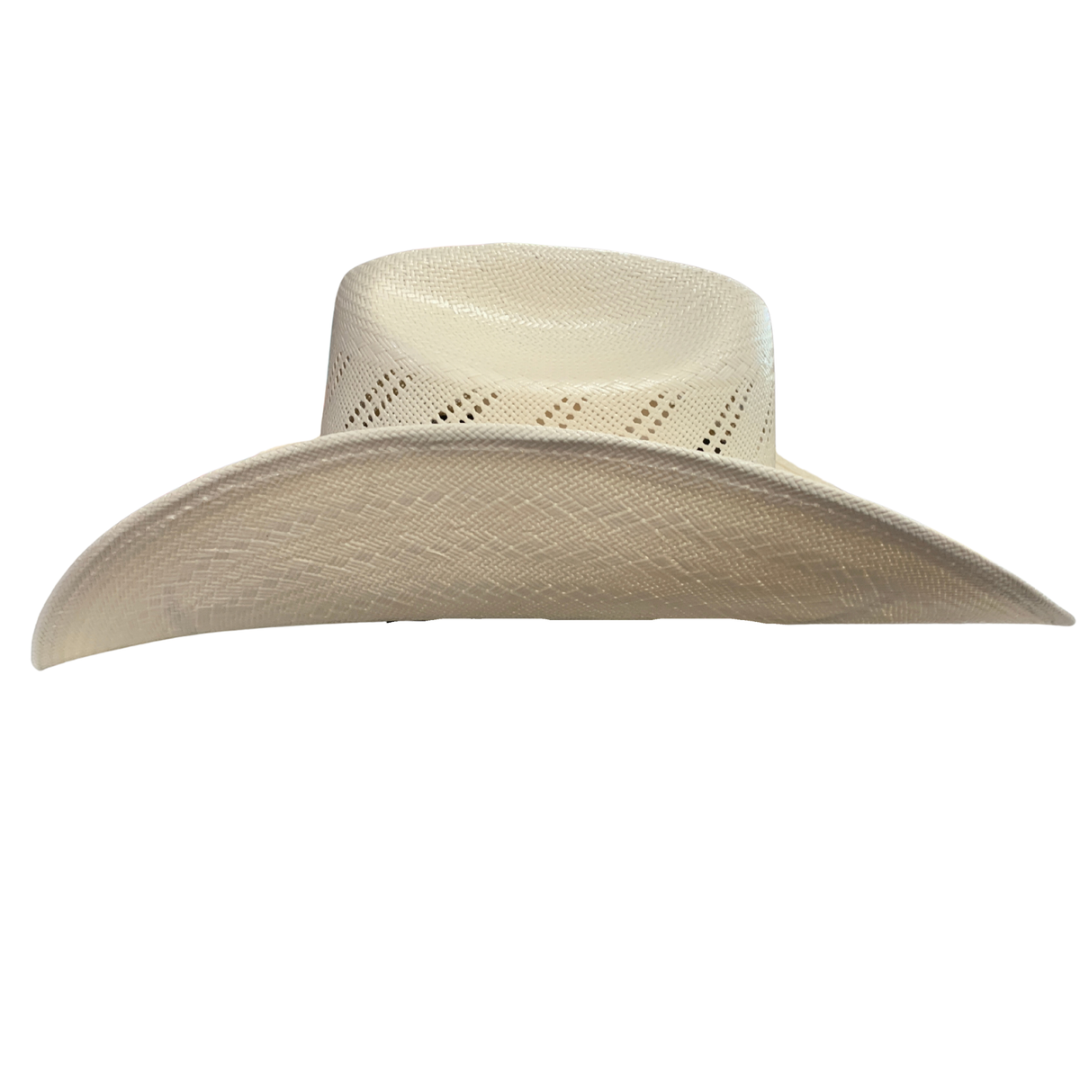A light beige woven straw cowboy hat with a wide brim and a structured crown, shown from a side profile view against a plain white background.