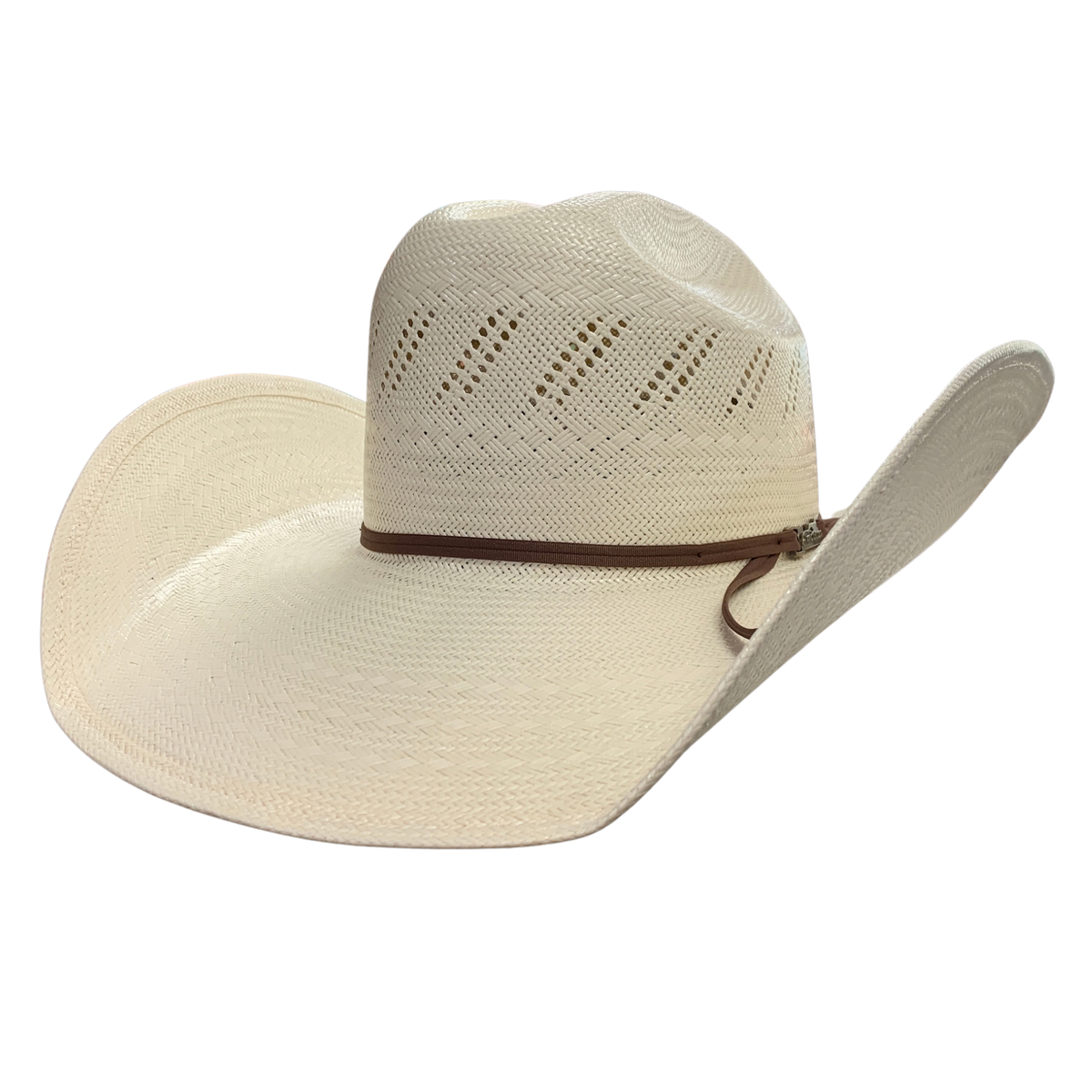A cream-colored woven straw cowboy hat with a brown band and matching brown ribbon tie, shown against a plain white background.
