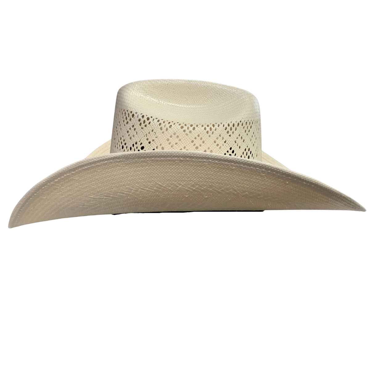 A light beige straw cowboy hat with a wide curved brim and a textured woven crown, shown against a plain white background.