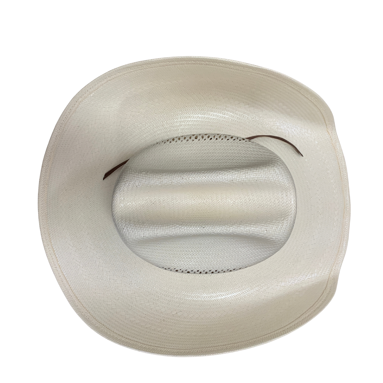A top-down view of a light beige straw fedora hat on a solid white background.