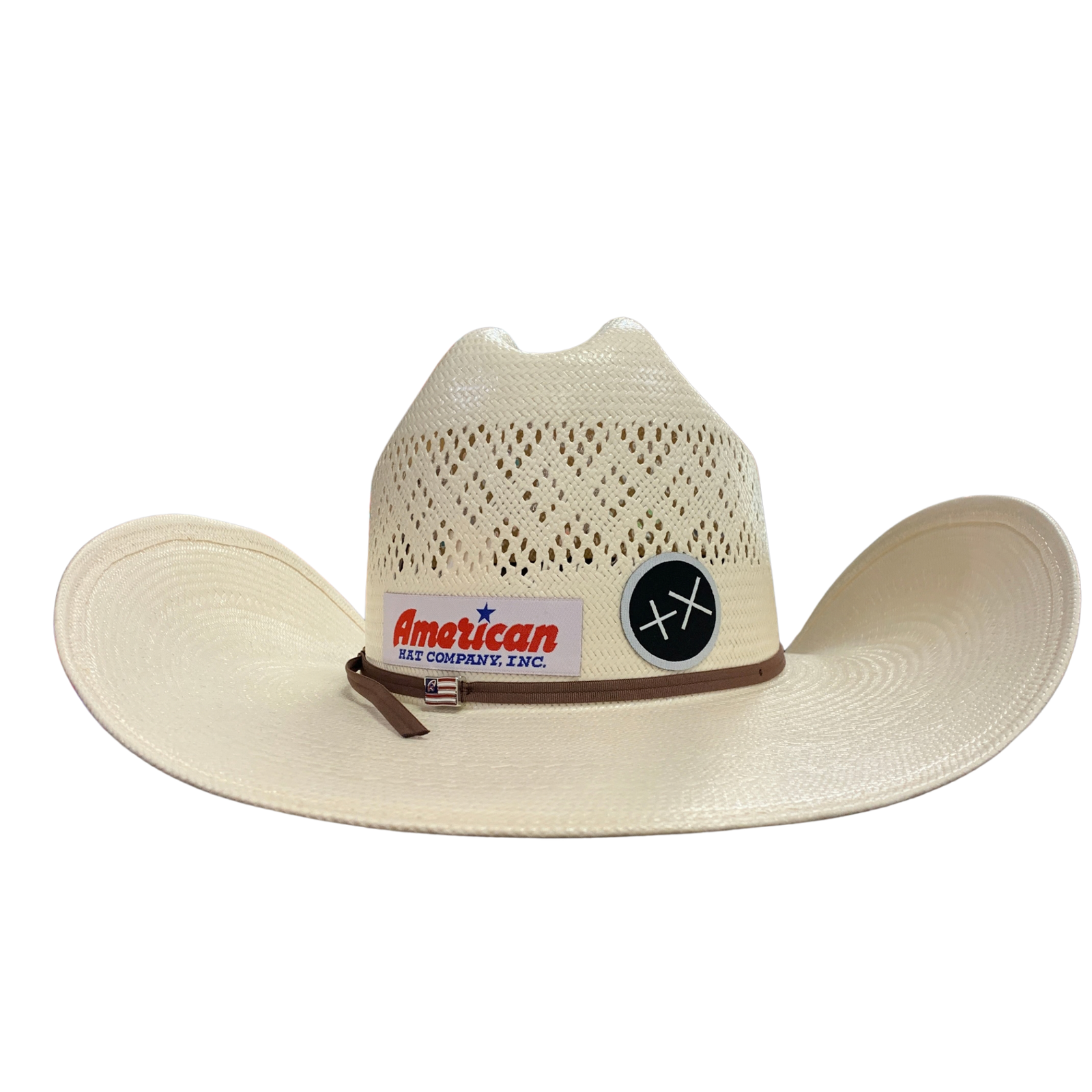 An off-white woven cowboy hat with a brown band, featuring an 'American Red Company, Inc.' logo patch and a black circular emblem on the front, set against a plain white background.