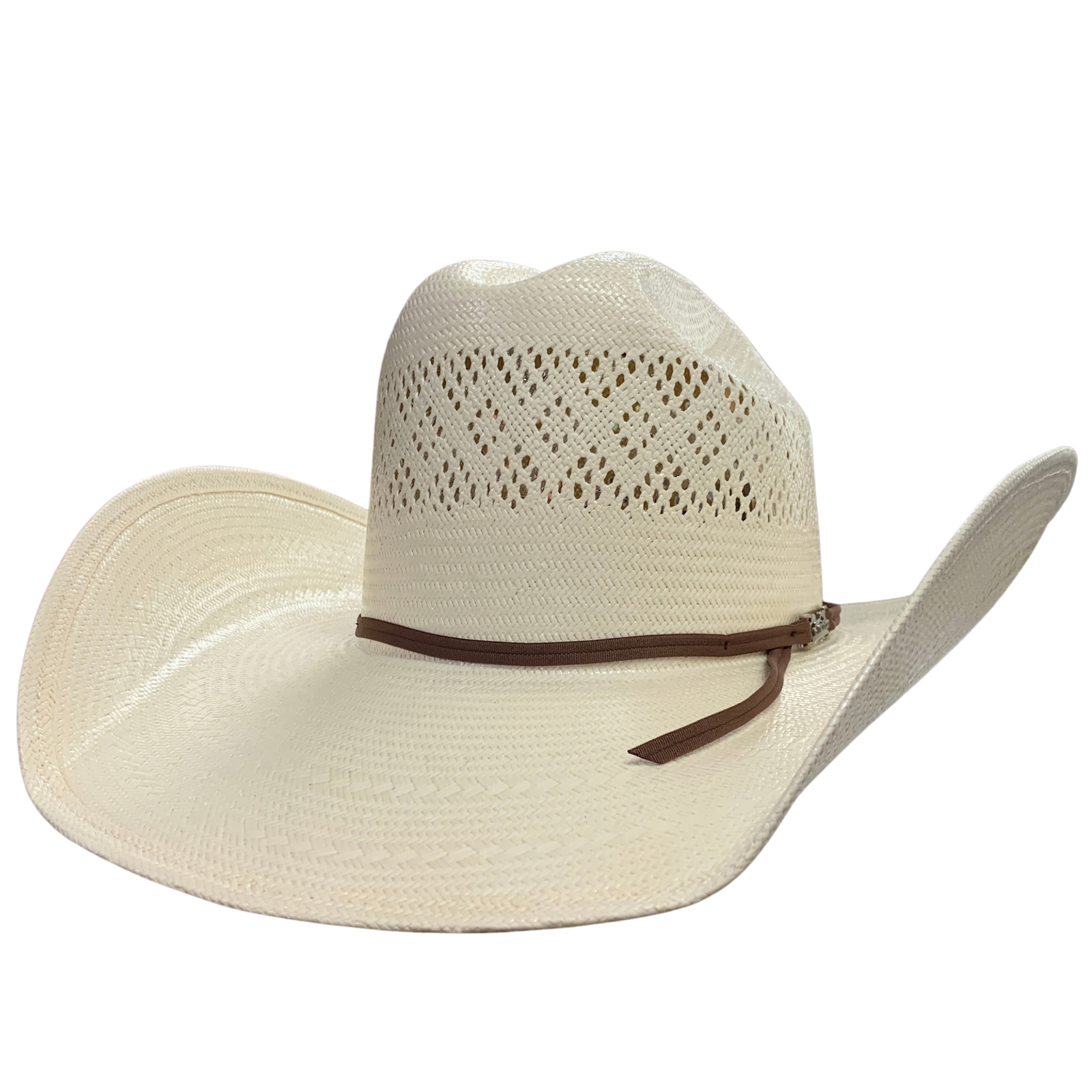 An off-white woven straw cowboy hat with a brown leather band and silver buckle, shown on a plain white background.