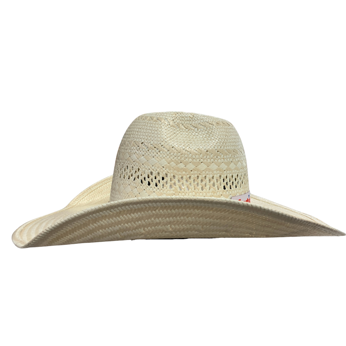 A light beige woven straw cowboy hat with a wide brim and a small colorful tag on the side, shown against a plain white background.