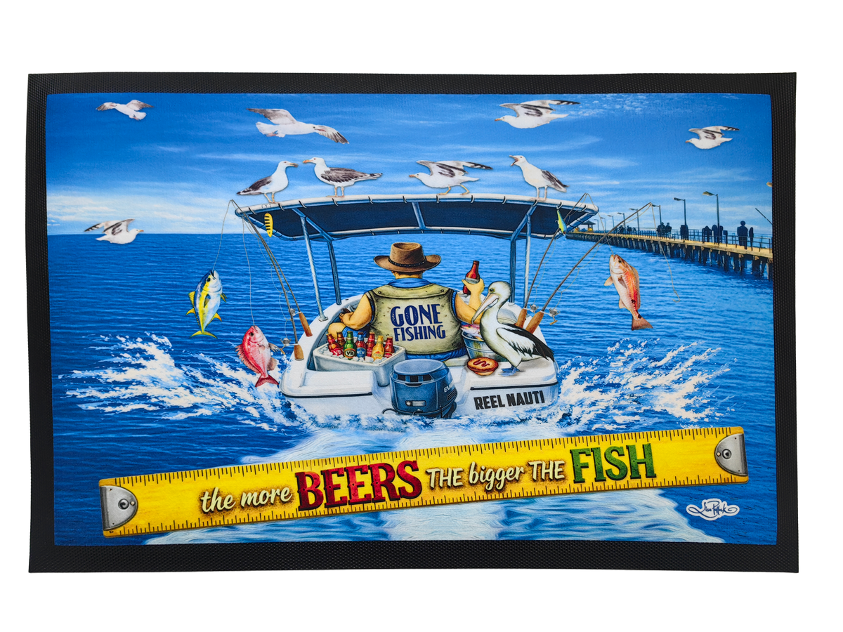 A rectangular decorative mat or sign with a black border, featuring a colorful cartoon-style fishing scene. The artwork shows a boat on blue water with seagulls flying overhead, fish jumping out of the water, and a pier in the background.