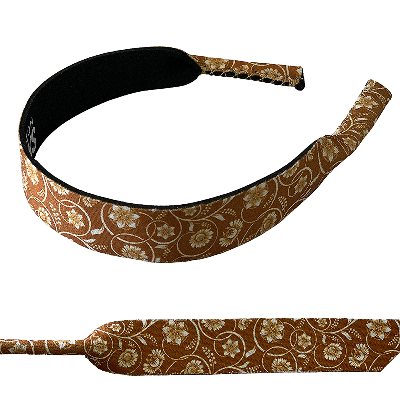 Rocky Mavericks  Floral Vine Sunglasses Strap. A floral vine design sunglasses strap in brown color with white and beige floral patterns.