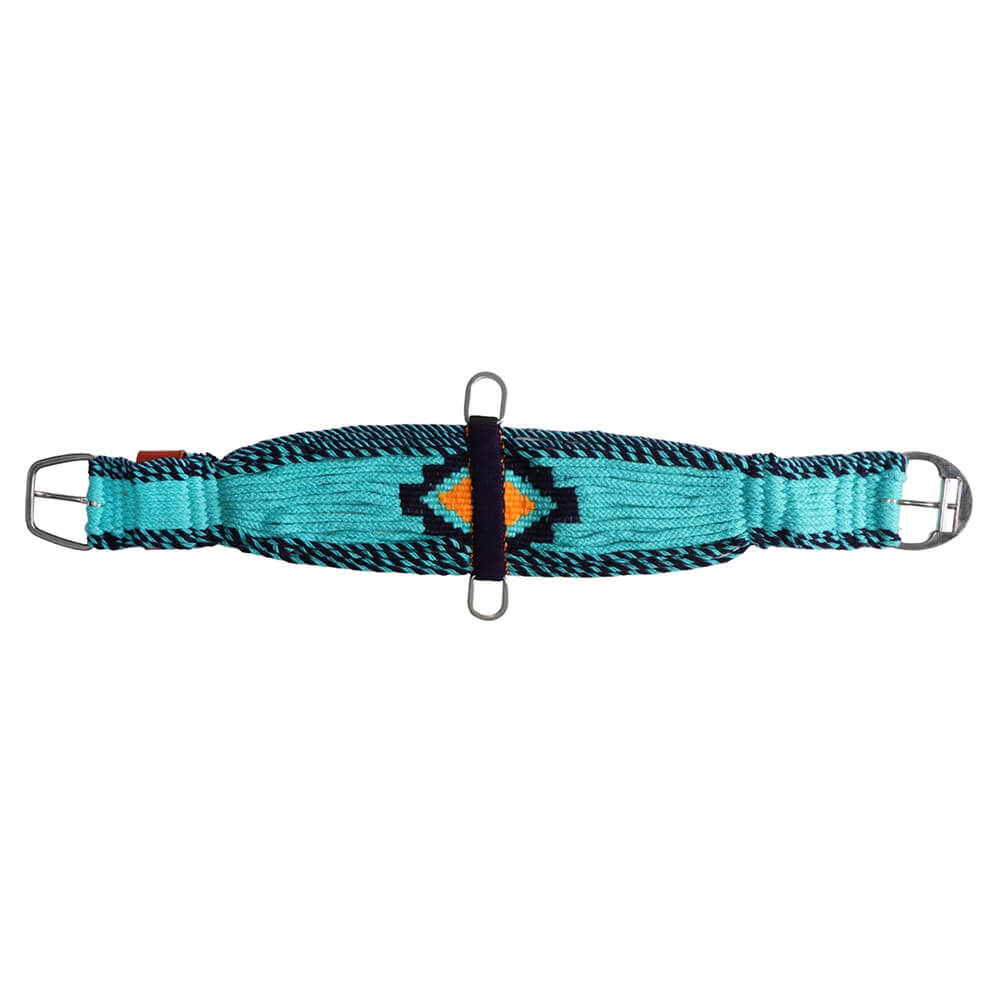 Fort Worth Wool Cinch. A blue wool cinch with metal buckles and a geometric pattern