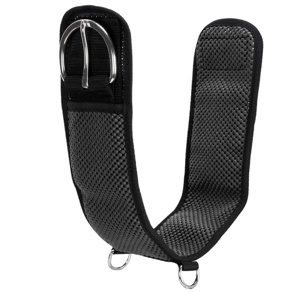 Fort Worth Air Cell Cinch. A black Fort Worth Air-Cell Cinch designed for horse tack with mesh texture and metal rings.