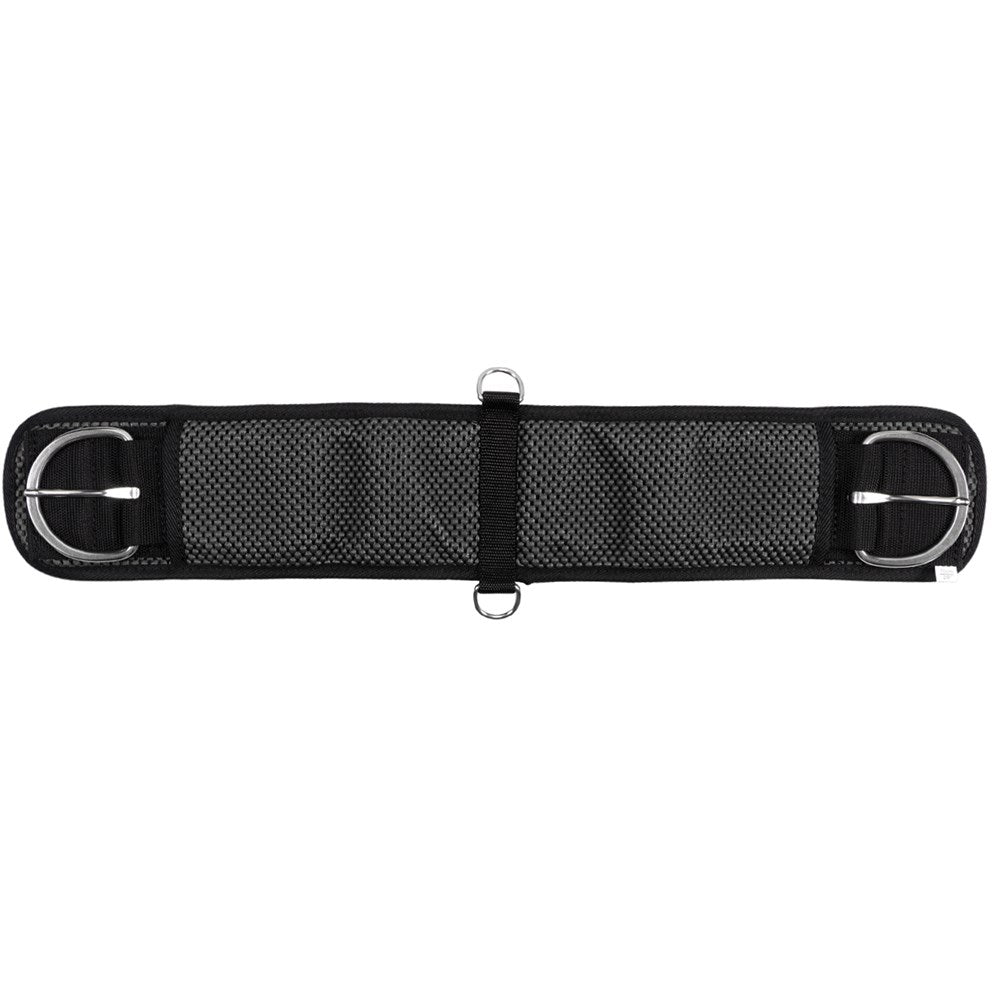 Fort Worth Air Cell Cinch. A black Fort Worth Air-Cell Cinch designed for horse tack with mesh texture and metal rings.