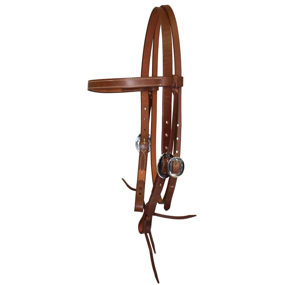 A brown leather horse bridle with silver metal buckles and bit, shown against a plain white background.