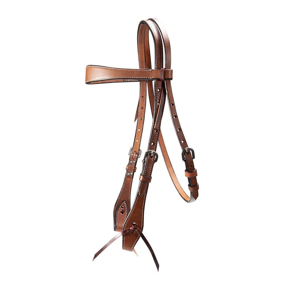 A brown leather horse bridle headstall with matching reins and silver-tone metal buckles, shown against a plain white background.