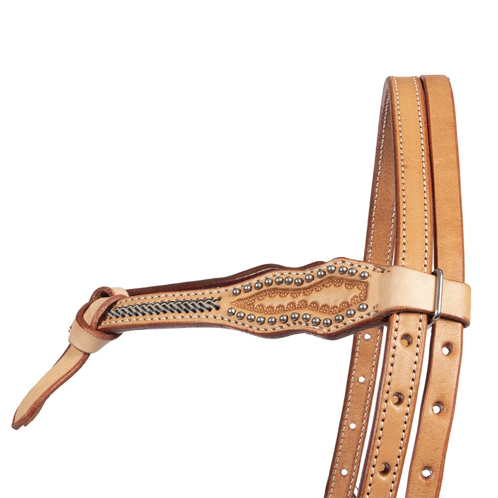 Fort Worth Santa Fe Knotted Brow Headstall. Brown leather bridle with decorative studs on a white background