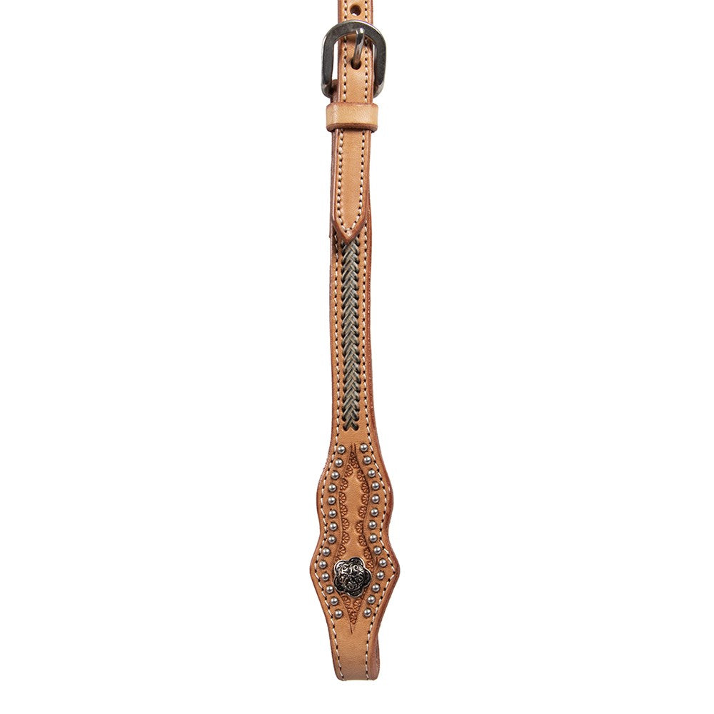 Fort Worth Santa Fe Knotted Brow Headstall. Brown leather headstall with intricate designs on a white background