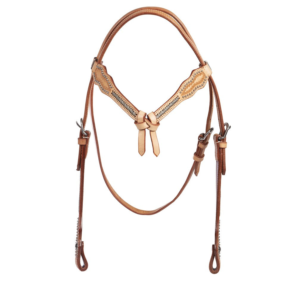 Fort Worth Santa Fe Knotted Brow Headstall. Brown leather horse bridle with decorative metal accents on a white background