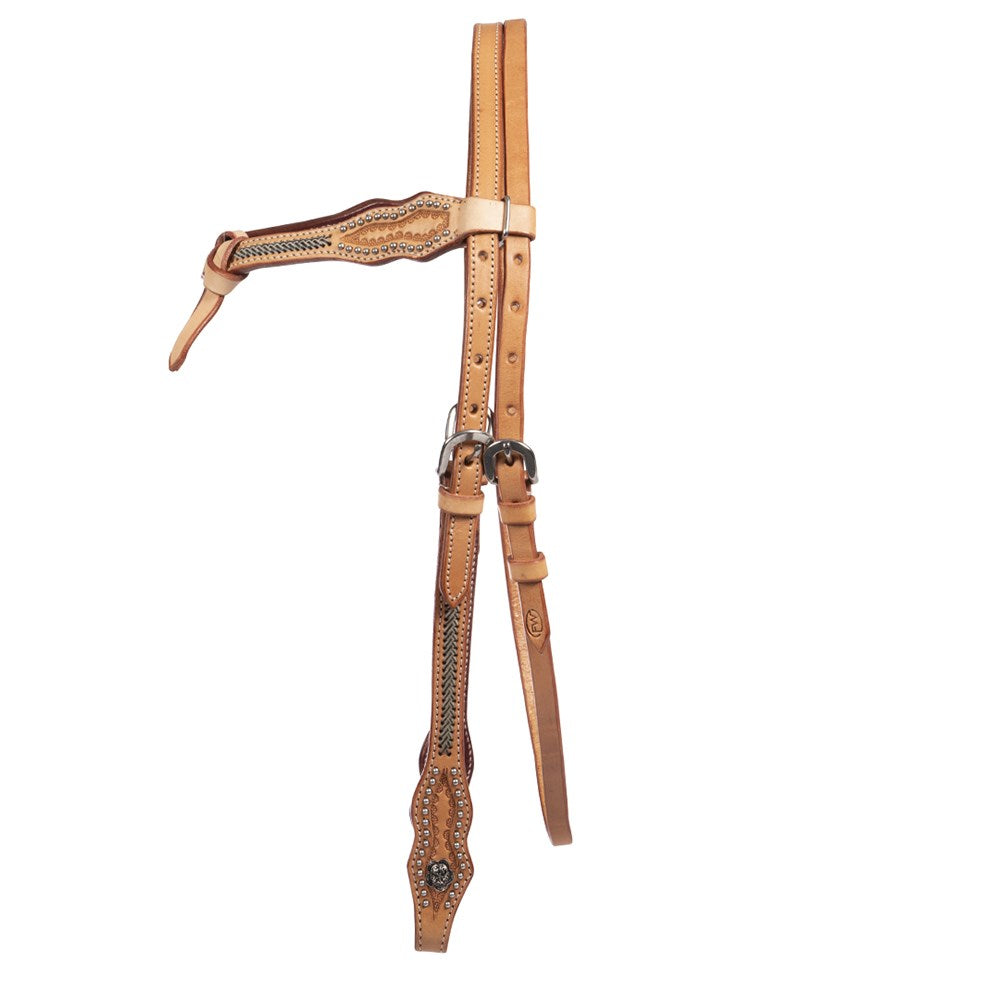 Fort Worth Santa Fe Knotted Brow Headstall. Brown leather bridle with intricate designs on a white background