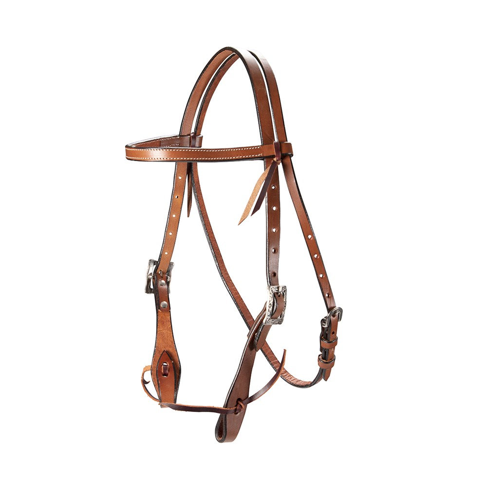 A brown leather horse bridle with silver-toned metal buckles and studs, isolated on a white background.