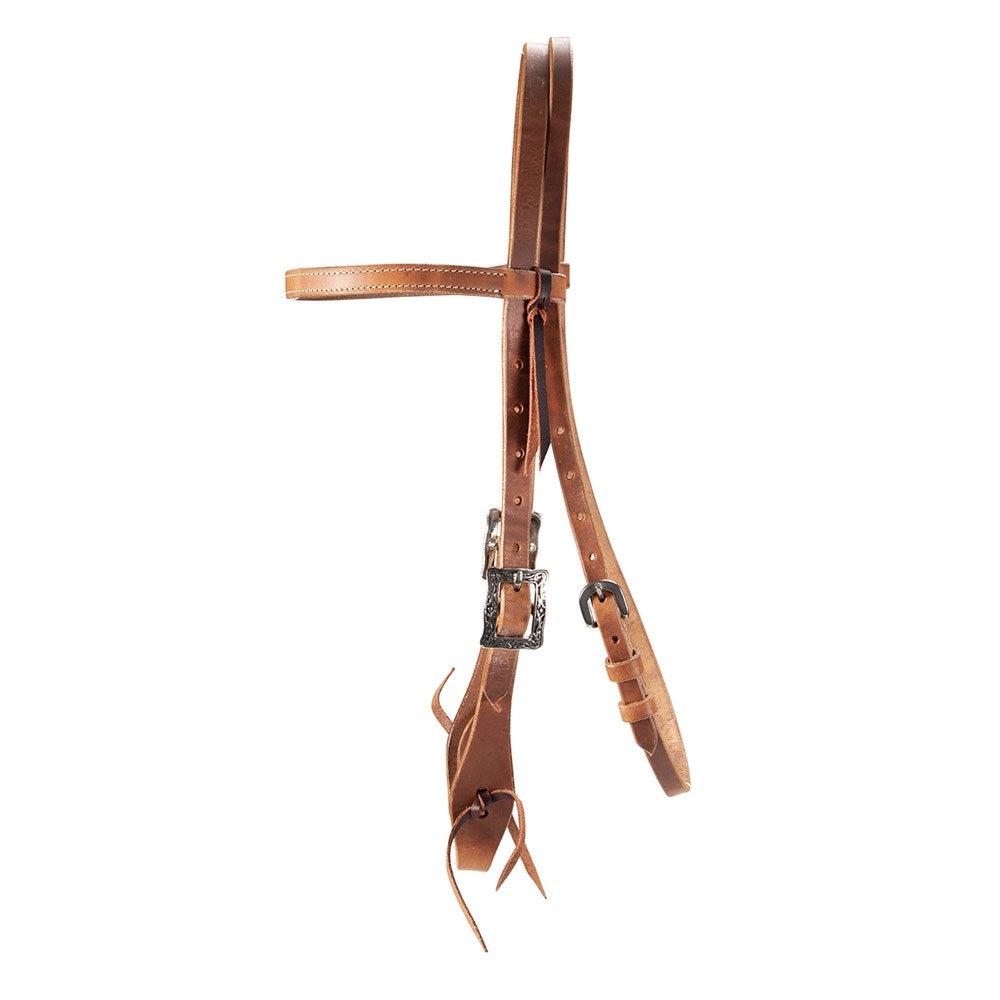 A brown leather horse headstall with silver-toned metal buckles, shown against a plain white background.