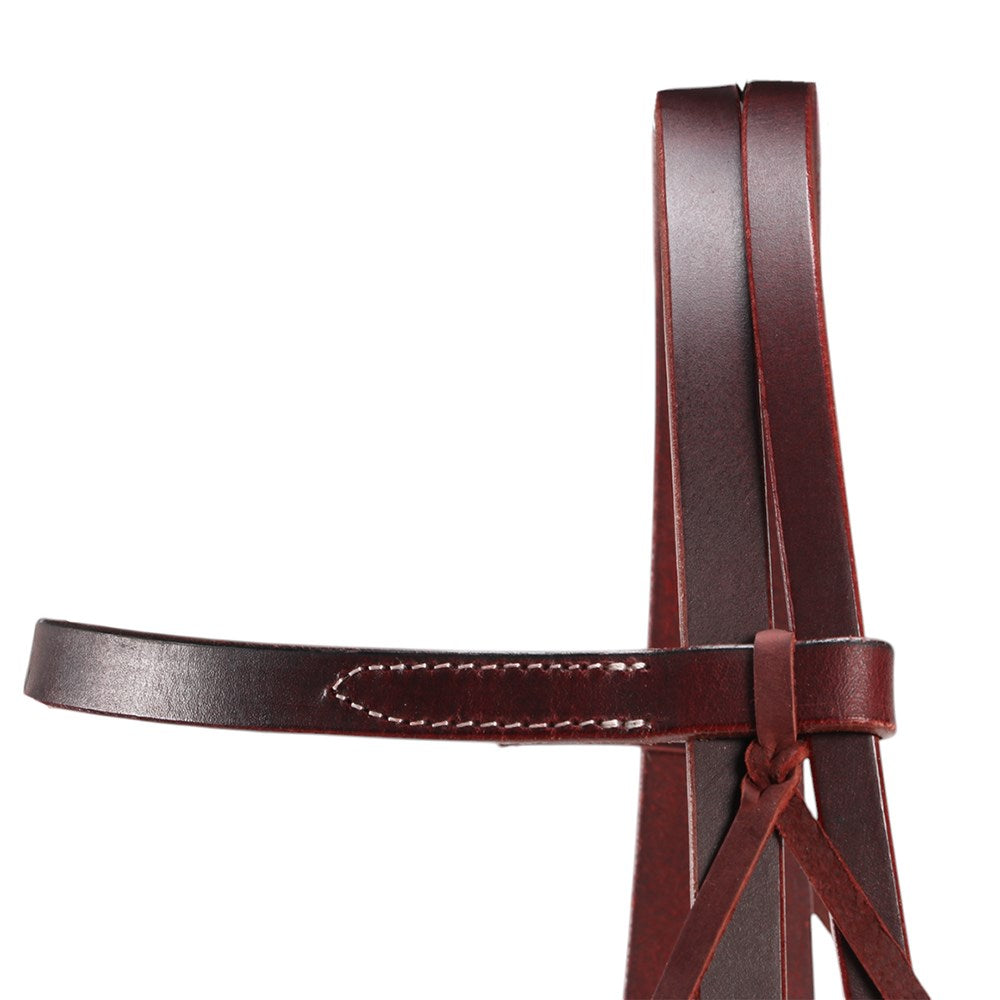 A close-up of a dark brown leather strap, likely part of a horse bridle or strap assembly, featuring contrast stitching and a leather tie, set against a plain white background.