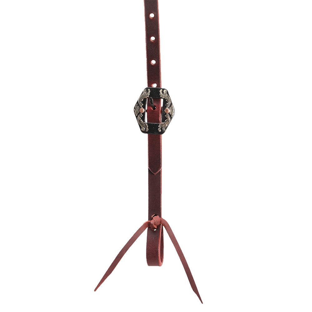 A dark red leather strap accessory with a decorative silver-toned metal buckle and three pointed leather ties extending downward, shown against a plain white background.