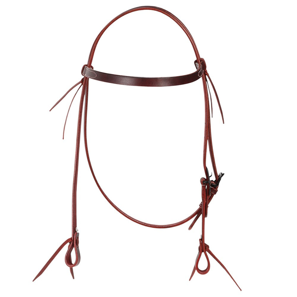 A dark reddish-brown leather horse bridle with silver-toned metal buckles and a decorative central emblem, isolated on a white background.
