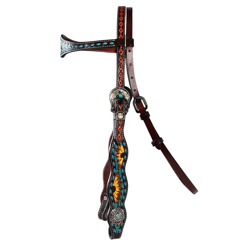 Fort Worth Vaquera Headstall. Decorative horse bridle with floral patterns on a white background