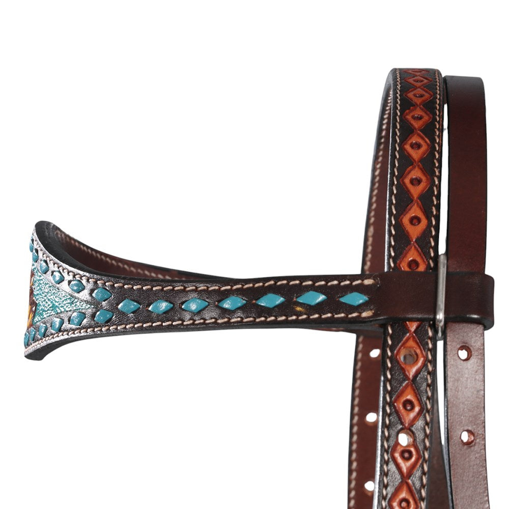 Fort Worth Vaquera Headstall. Brown leather headstall with decorative patterns on a white background