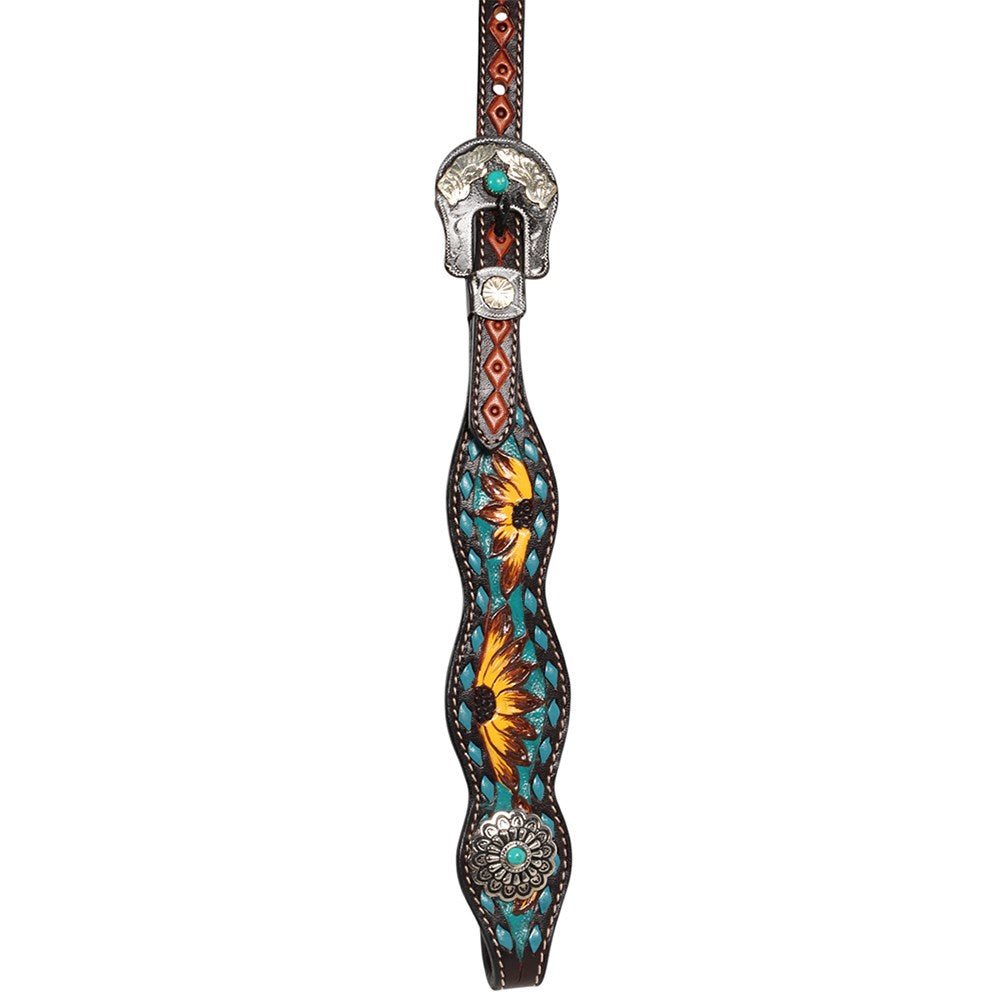 Fort Worth Vaquera Headstall. Decorative horse bridle with floral patterns and turquoise accents on a white background