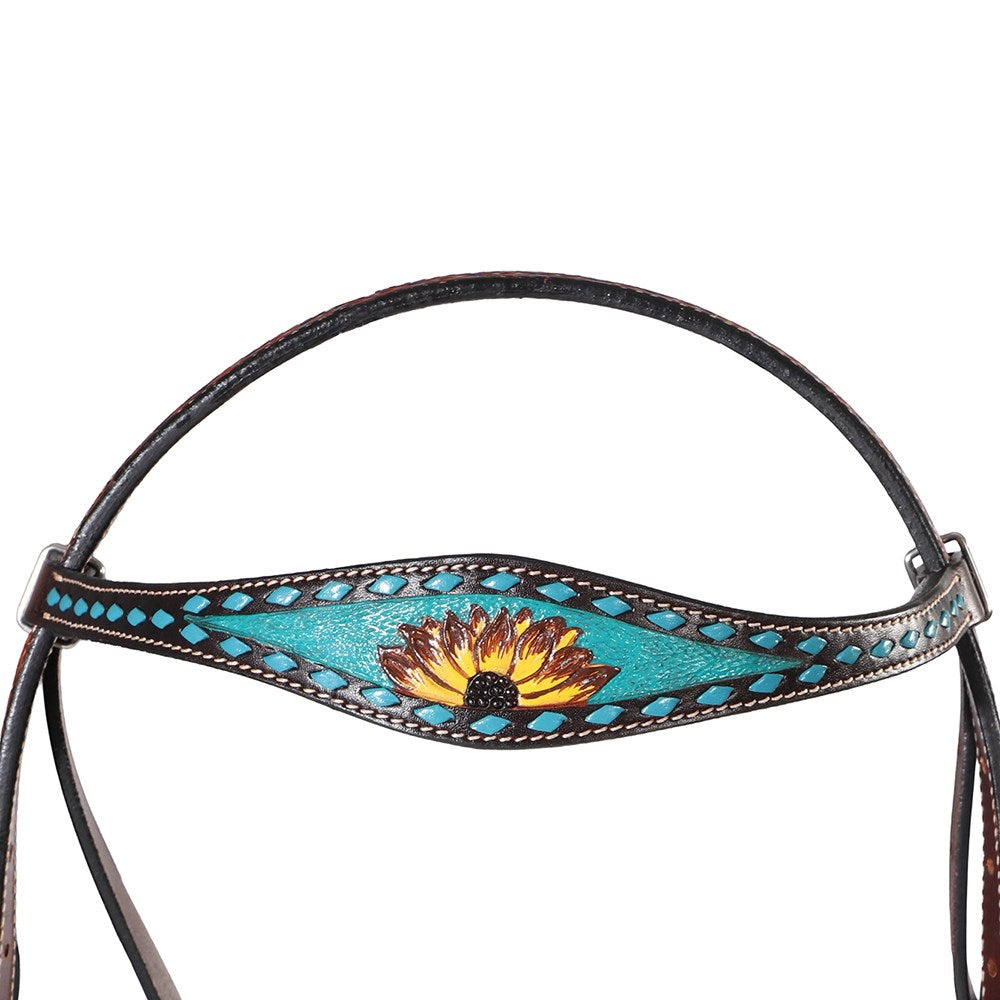 Fort Worth Vaquera Headstall. Decorative horse bridle with turquoise inlay and sunflower design on a white background