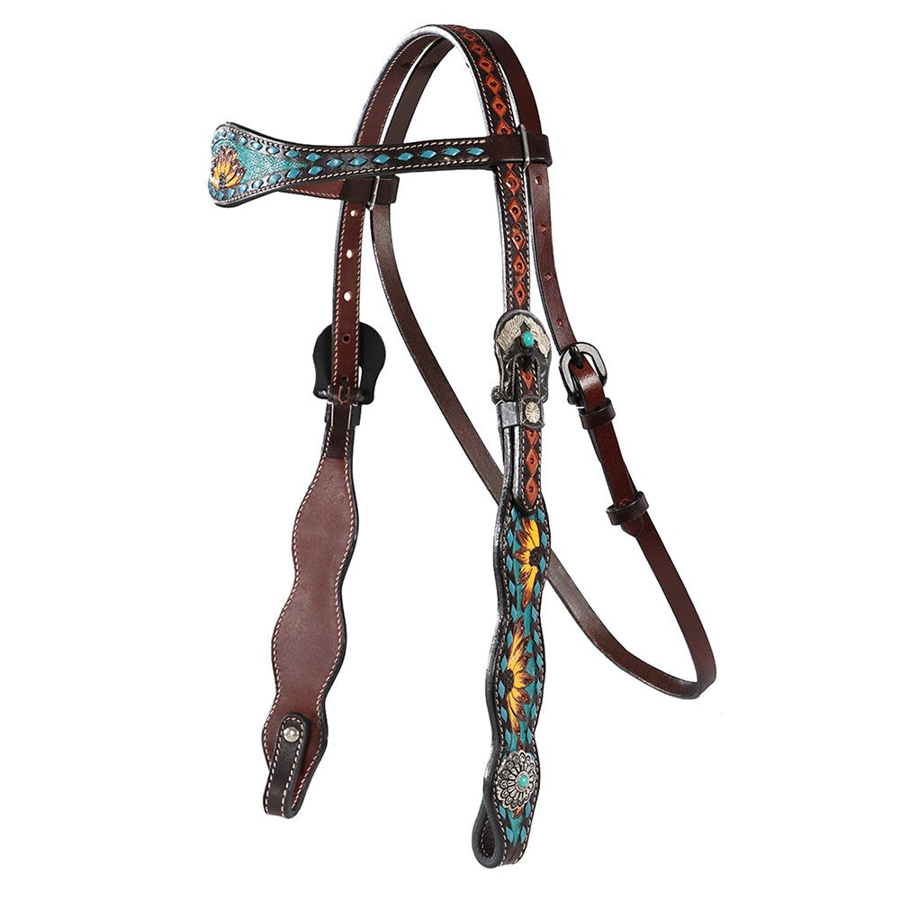 Fort Worth Vaquera Headstall. Decorative horse bridle with intricate patterns on a white background