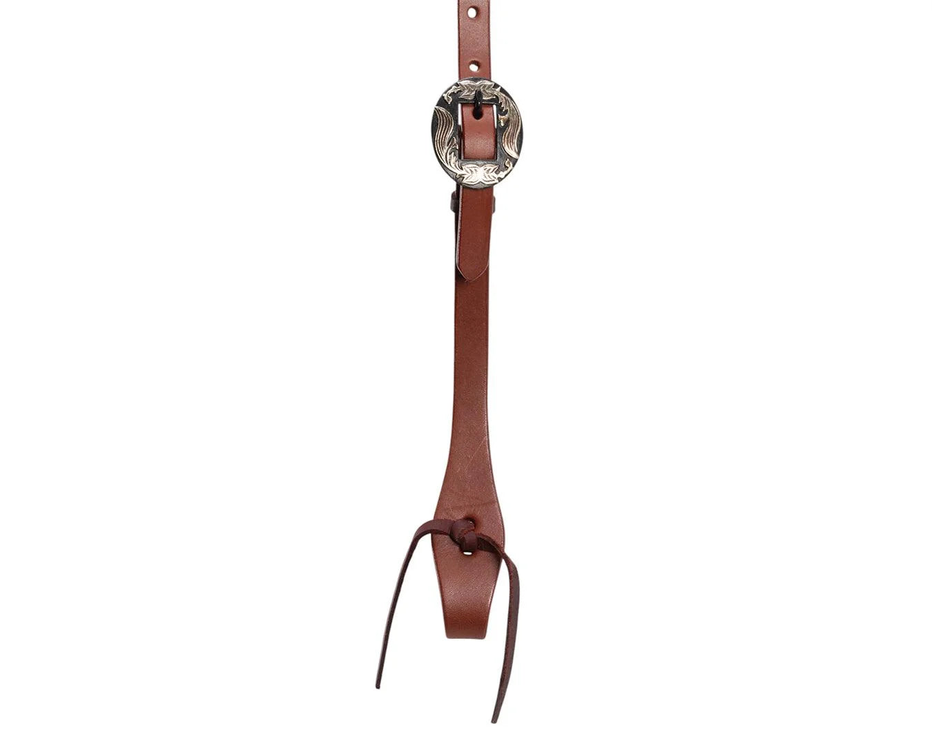 A brown leather strap accessory with a large silver-toned engraved buckle and dangling leather ties, shown against a plain white background.
