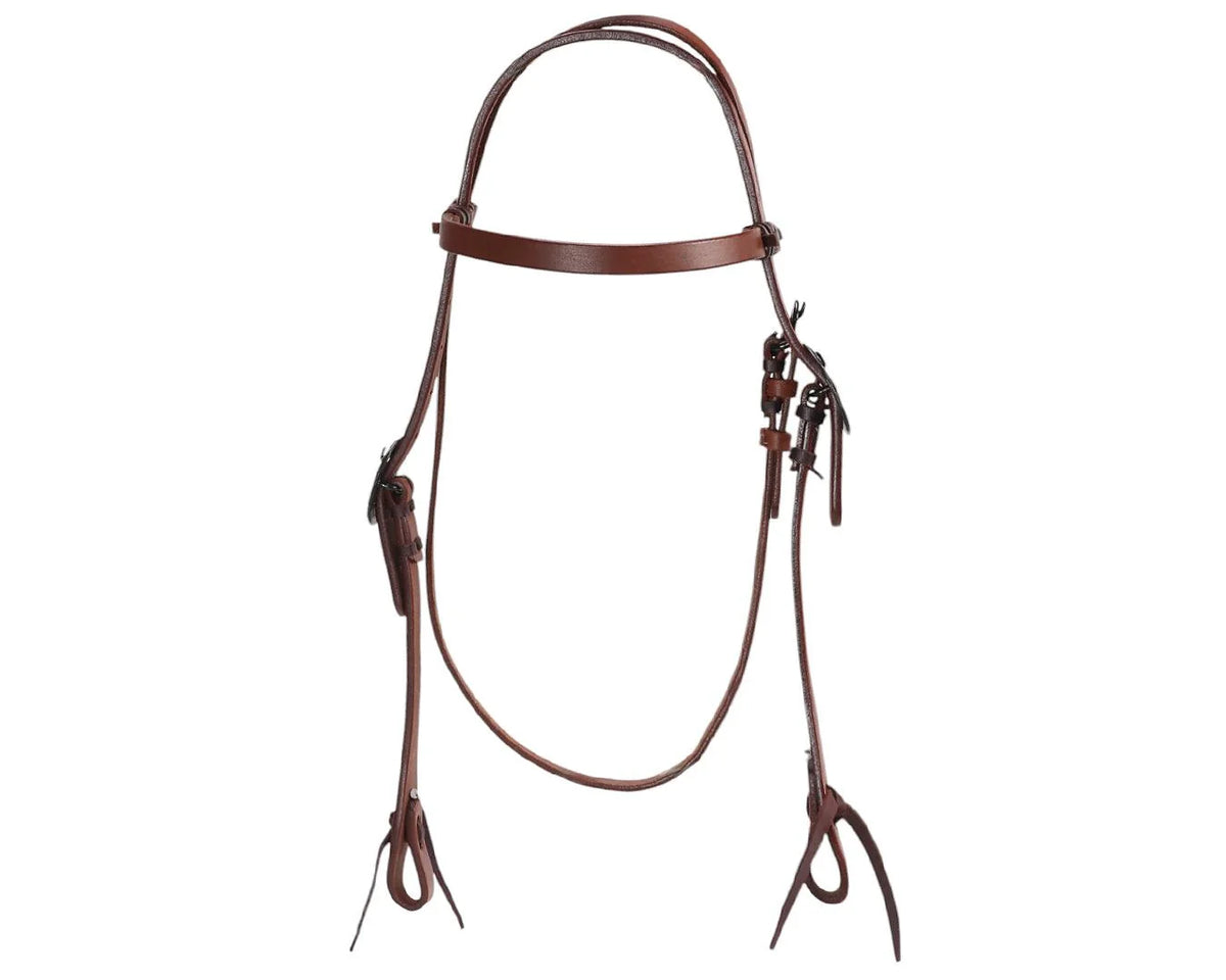 A dark brown leather horse bridle with a noseband, cheekpieces, and reins, displayed against a solid white background.