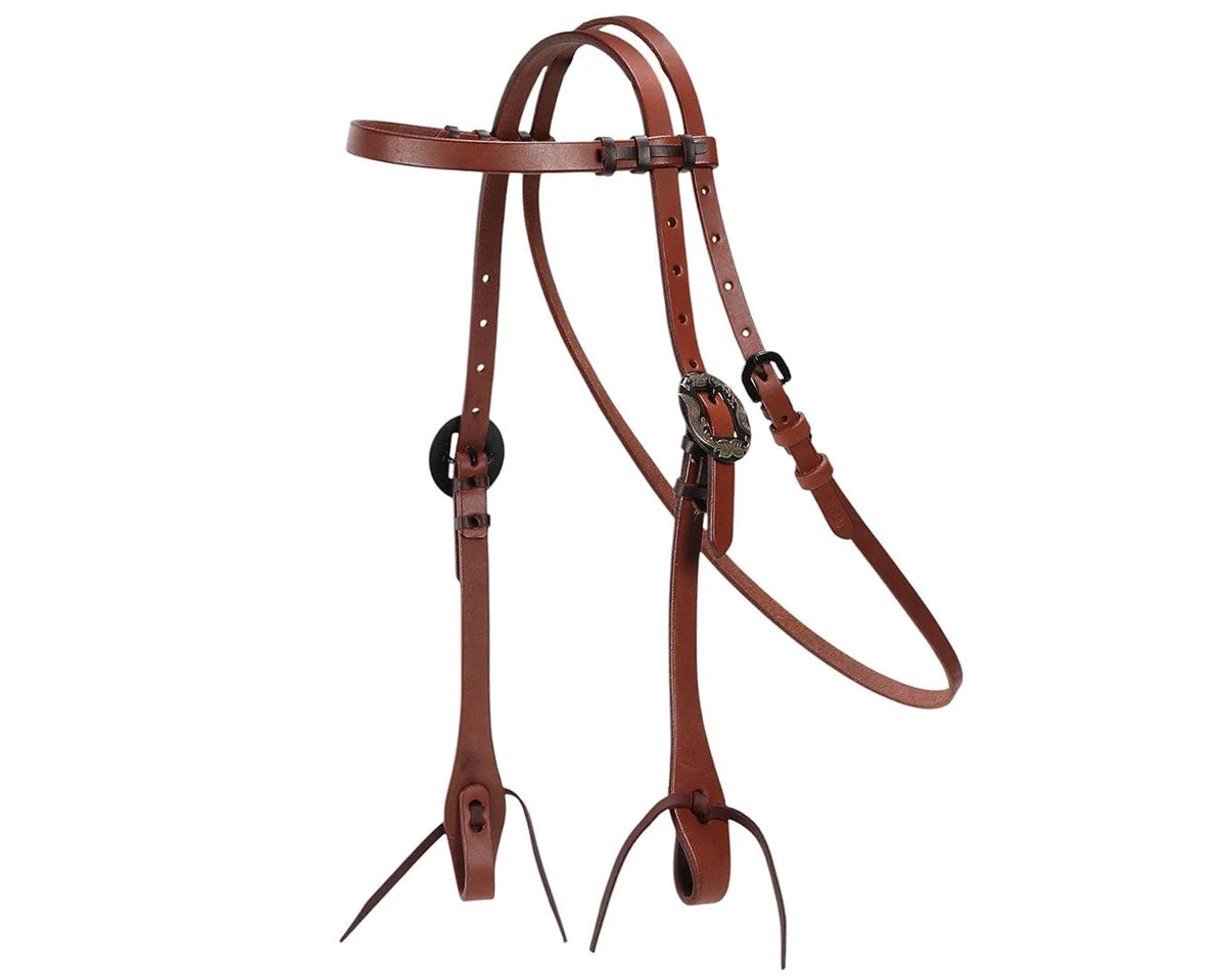 A brown leather horse bridle with a matching reins, featuring silver-toned metal buckles and black leather snap adjusters, displayed against a solid white background.
