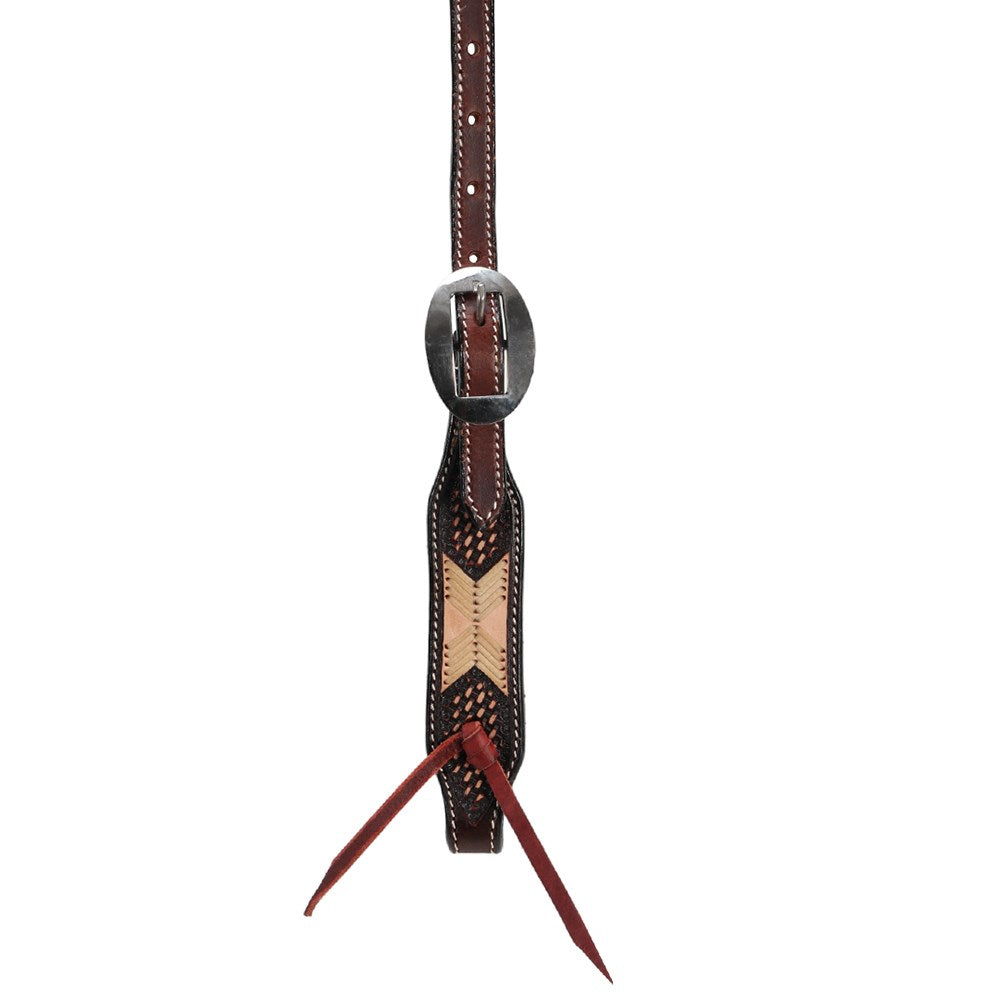 Fort Worth Cochise Headstall - Two Tone. Brown leather strap with a decorative buckle on a white background
