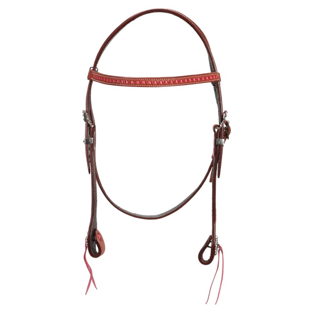 A leather horse bridle headstall with a reddish-brown crownpiece and matching red leather straps, shown against a plain white background.