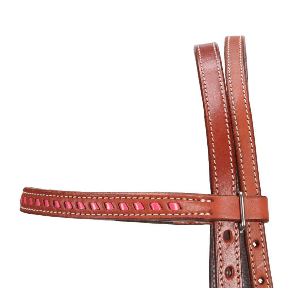 A close-up of a brown leather strap, likely a horse bit or bridle component, featuring white contrast stitching and a row of pink decorative studs along the edge, set against a plain white background.