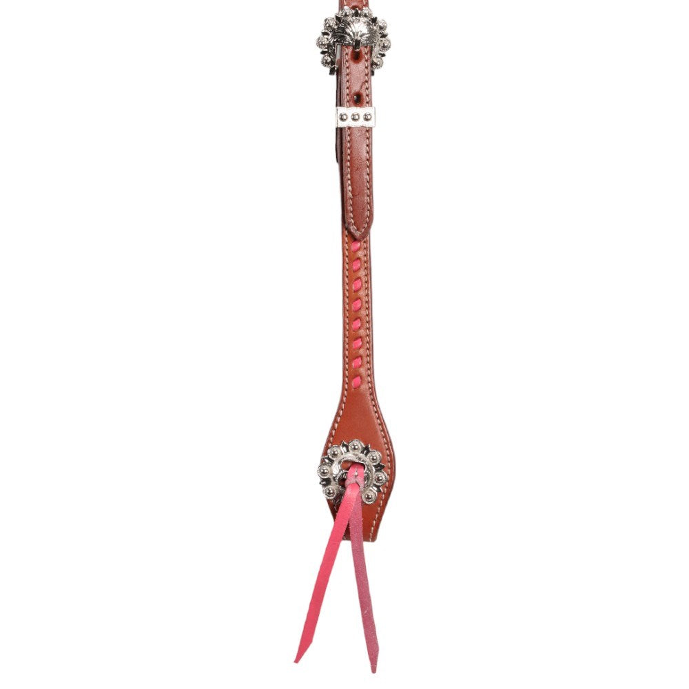 A brown leather western strap featuring silver conchos, pink stitching, and bright pink leather ties, shown against a plain white background.