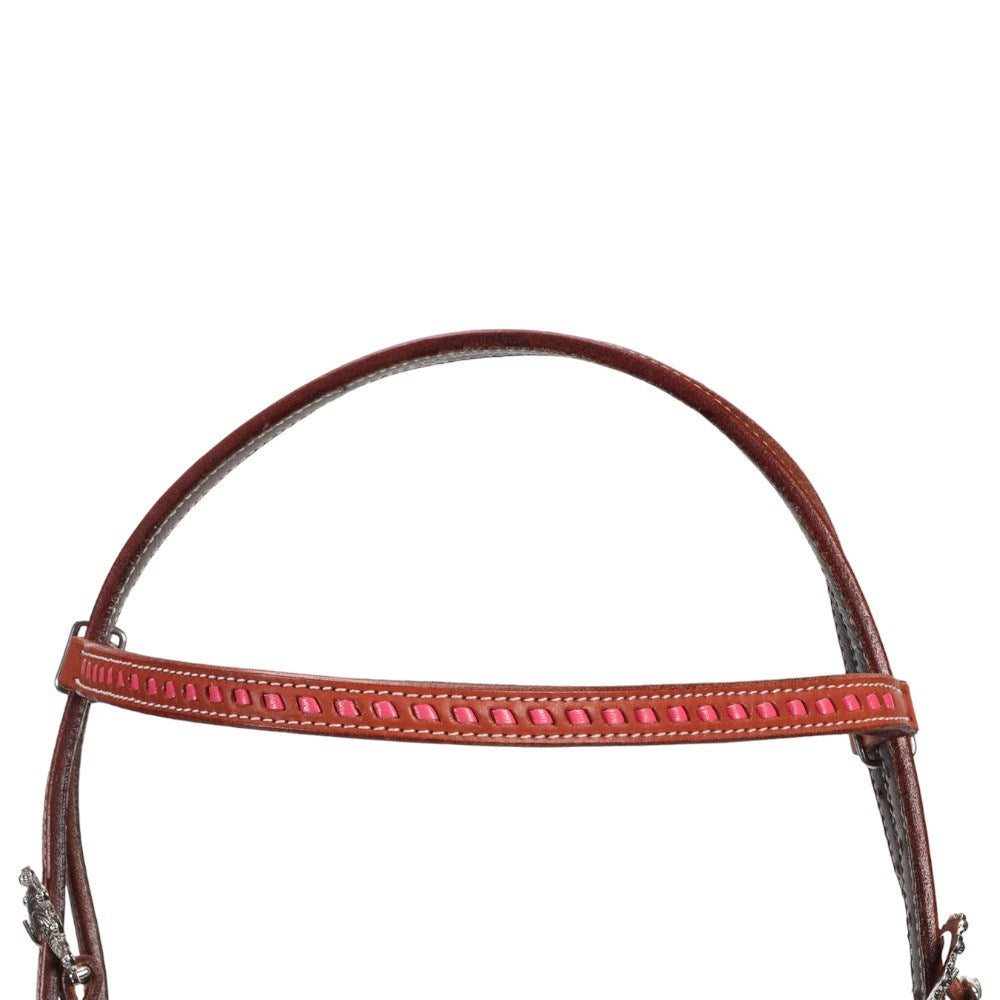 A close-up of a horse bridle headpiece made of reddish-brown leather with a bright red central strap featuring a pattern of small metallic studs, shown against a plain white background.