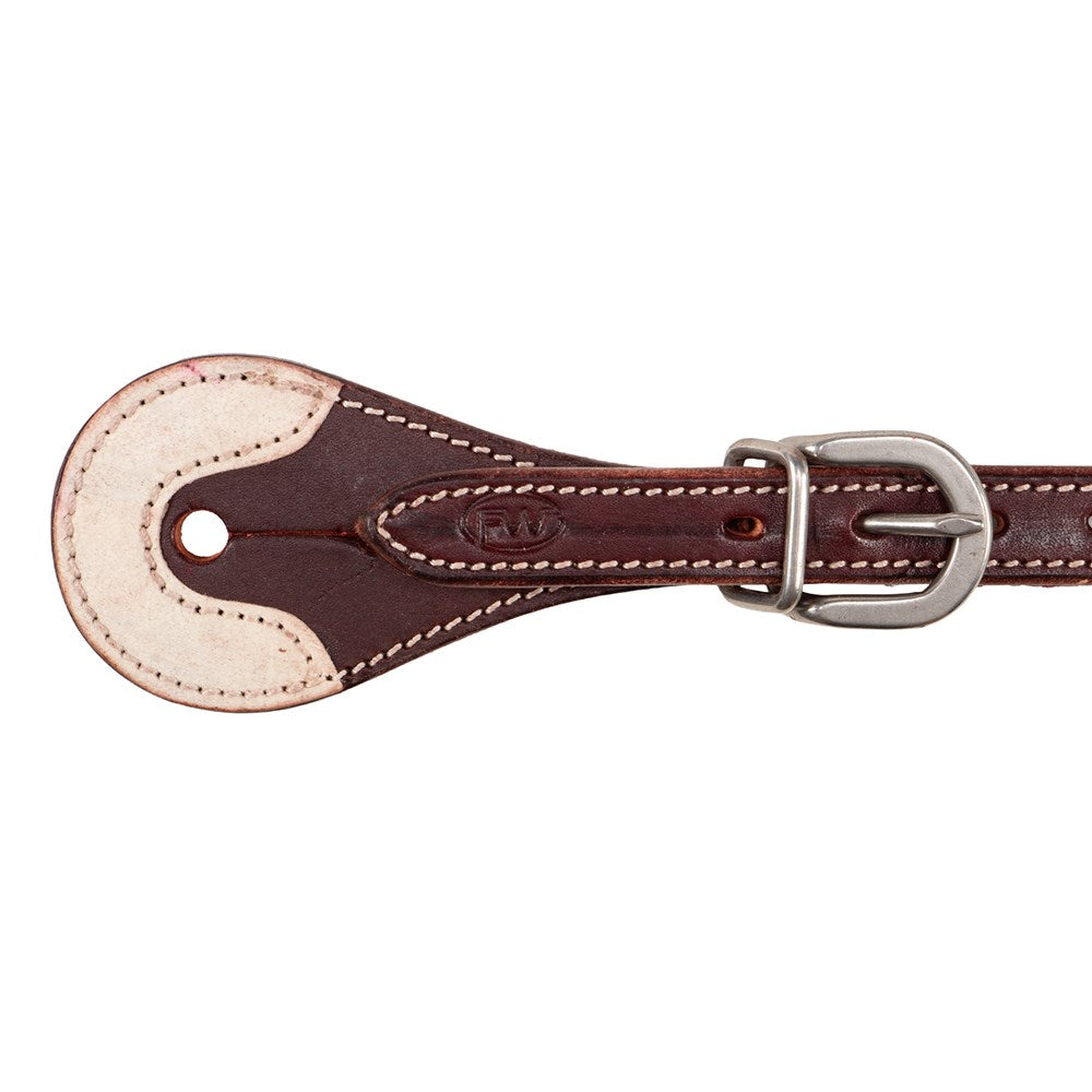 Two leather strap covers with silver buckles, featuring a dark reddish-brown center and cream-colored ends, displayed on a solid white background.