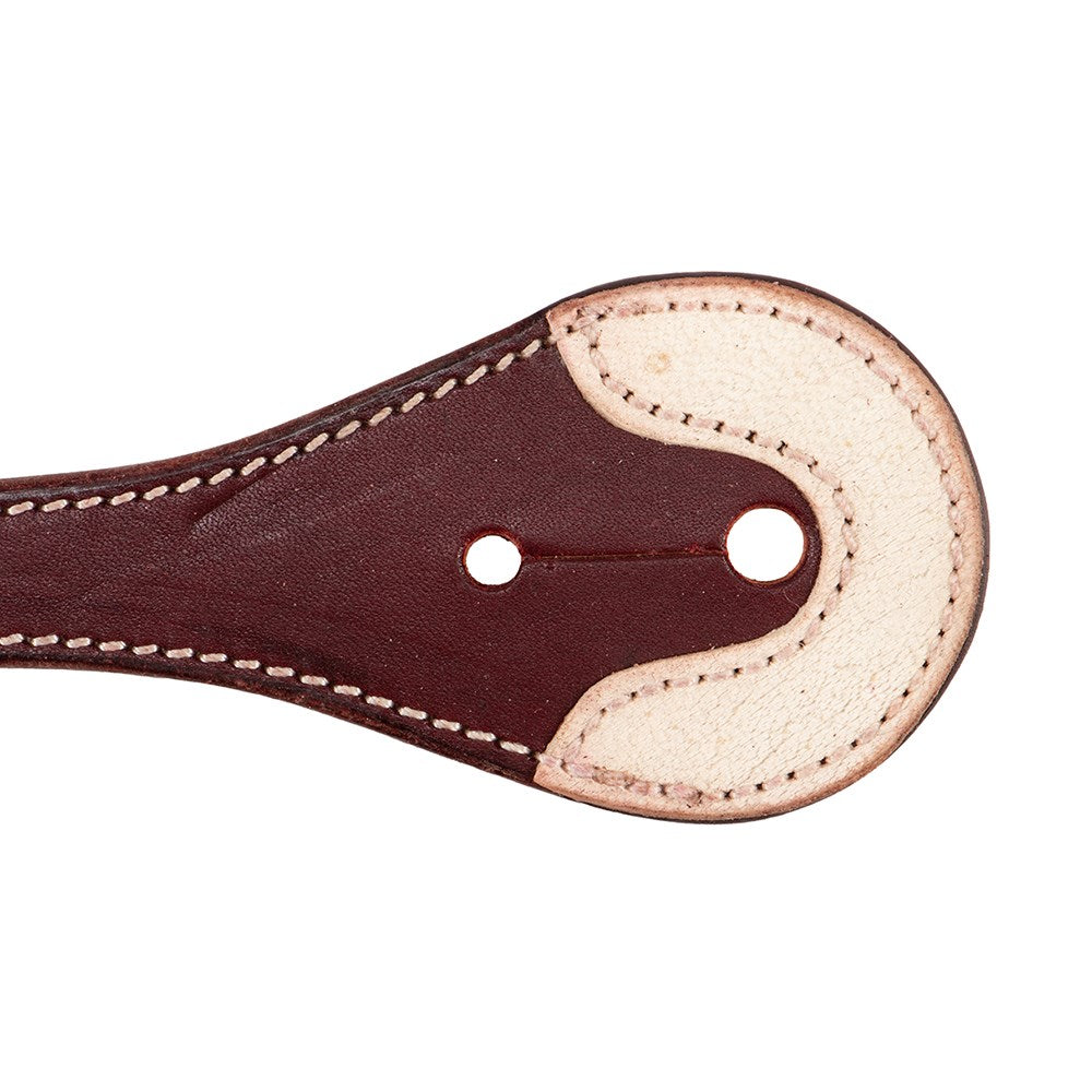 A close-up of a leather strap or belt end with a dark reddish-brown main section, a light beige curved inlay, and white contrast stitching on a plain white background.