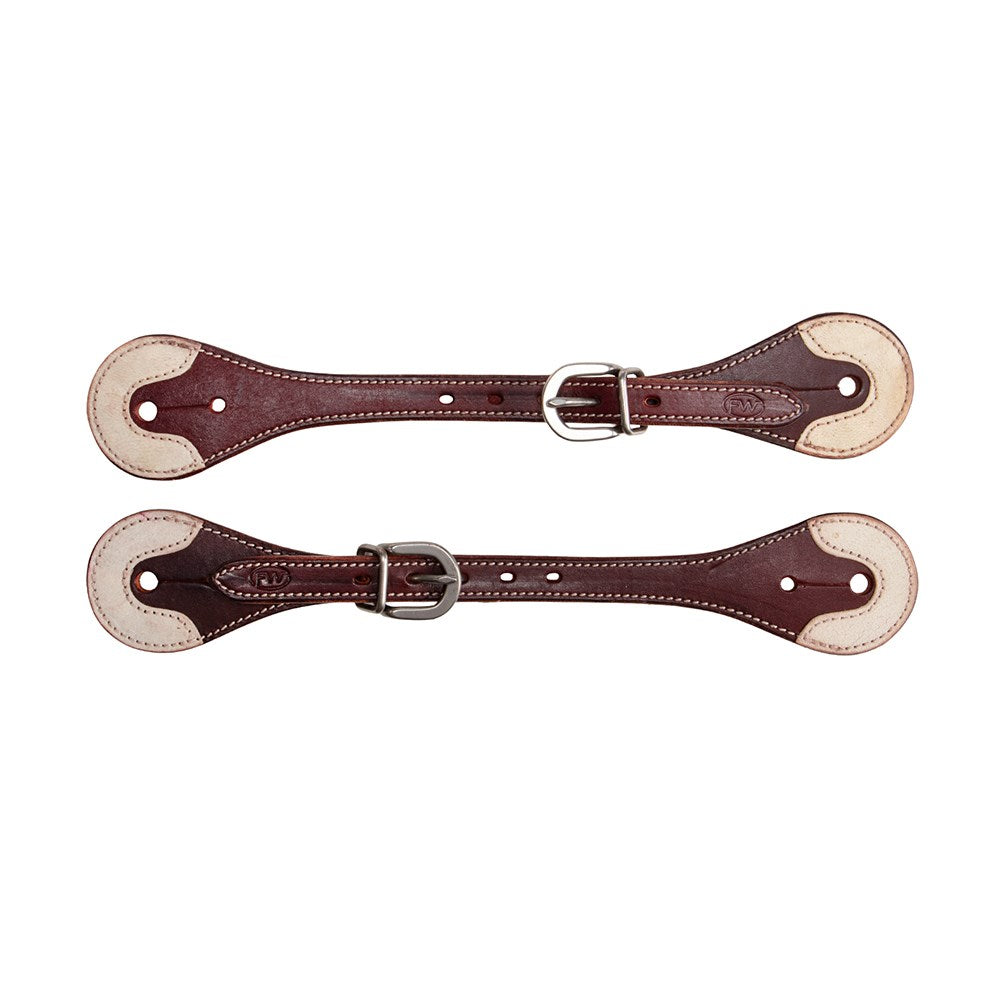 Two leather strap covers with silver buckles, featuring a dark reddish-brown center and cream-colored ends, displayed on a solid white background.