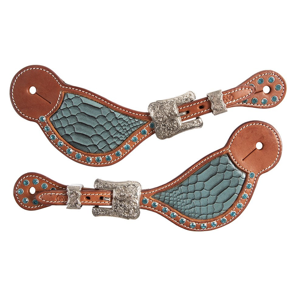 Fort Worth Crocodile Spur Straps. A pair of brown and blue crocodile patterned leather spur straps with diamante embellishments and stainless steel hardware.