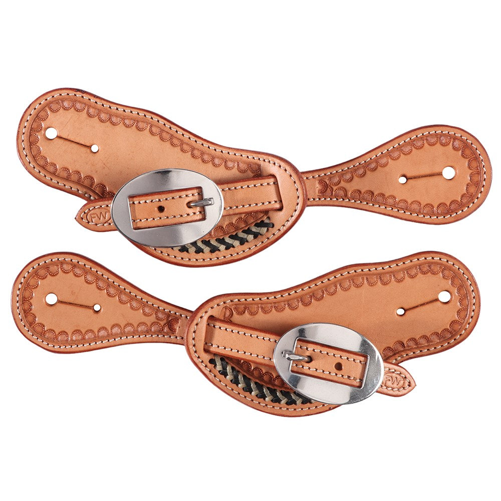 Fort Worth Tallulah Spur Straps. A pair of brown leather spur straps with metal buckles and tooling details.