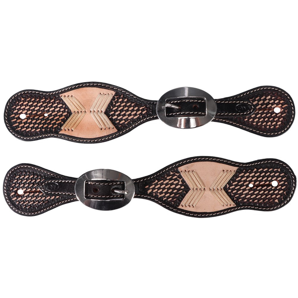 Fort Worth Cochise Spur Straps - Two Tone. A pair of Fort Worth Cochise spur straps featuring two-tone brown and black leather with basketweave tooling and decorative stitching.