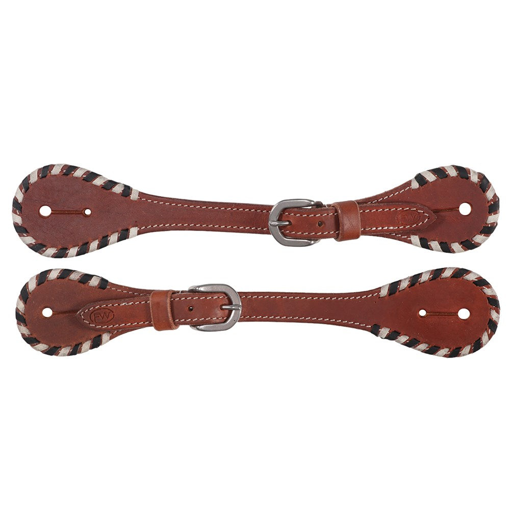 Fort Worth Chenoa Spur Straps - Two Tone. A pair of brown Fort Worth Chenoa spur straps with two-toned braided rawhide embellishments.
