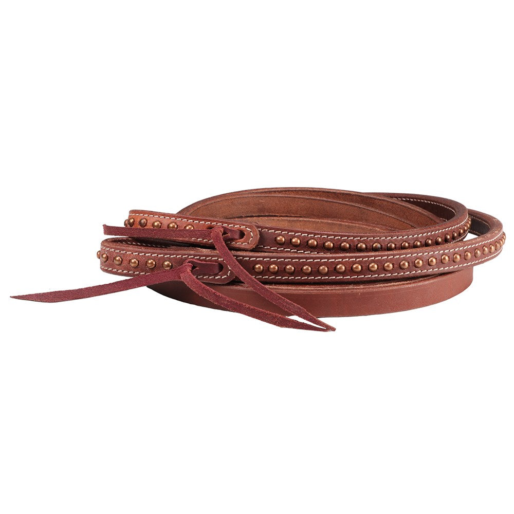 Fort Worth Copper Dots Split Reins with Water Loops. A brown leather split rein with water loops and copper dots, coiled and presented against a white background.