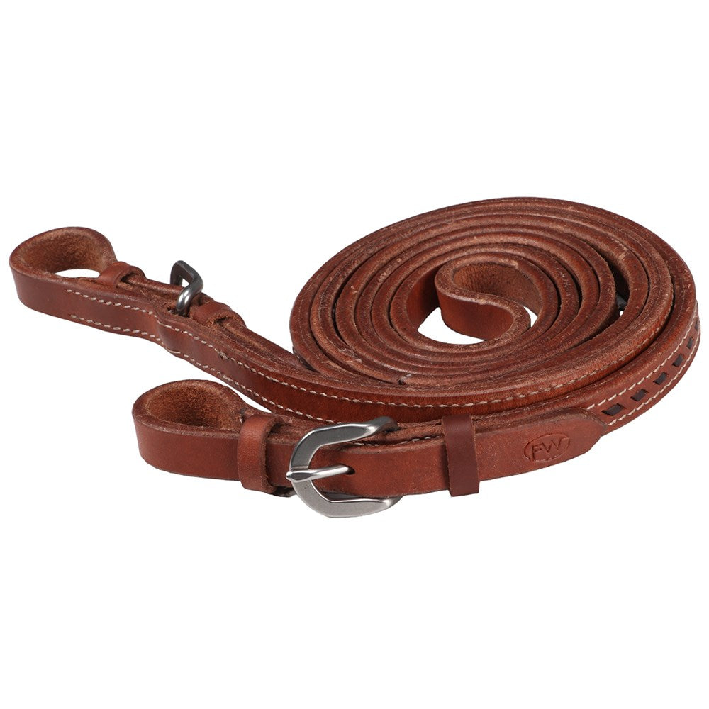 Fort Worth Buck Stitched Roper Reins. A brown leather roper rein with buckle ends and buckstitch detailing.